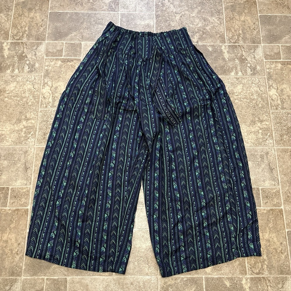 Vtg 80s Zashi Wide Leg Harem Pants M Blues Rayon Boho Hippie Tribal Made India